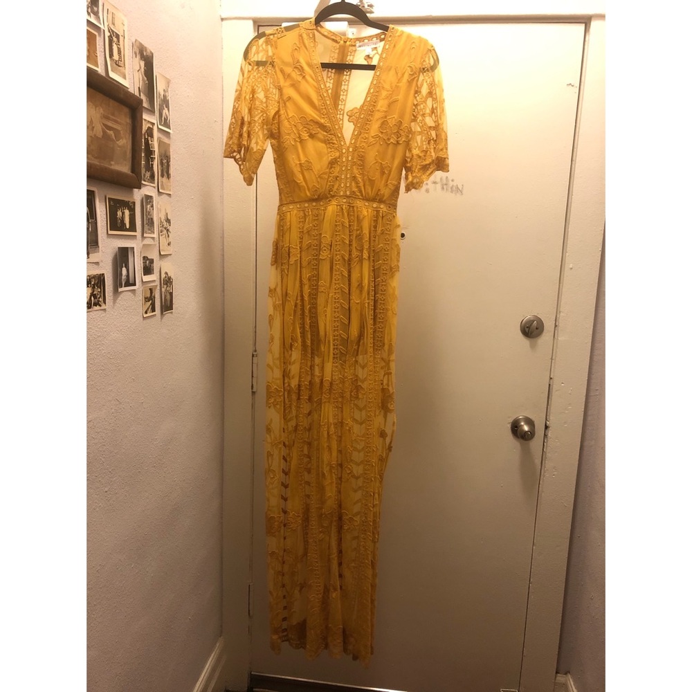 Long mustard yellow lace dress